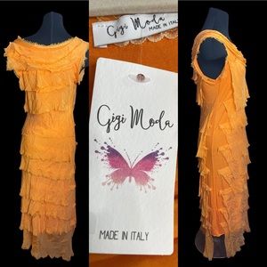 GiGi Moda hand made in Italy silk ruffle stretchy orange maxi dress -NWT